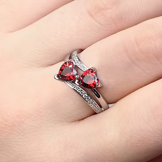 Double Heart-Shaped Cubic Zircon Ring