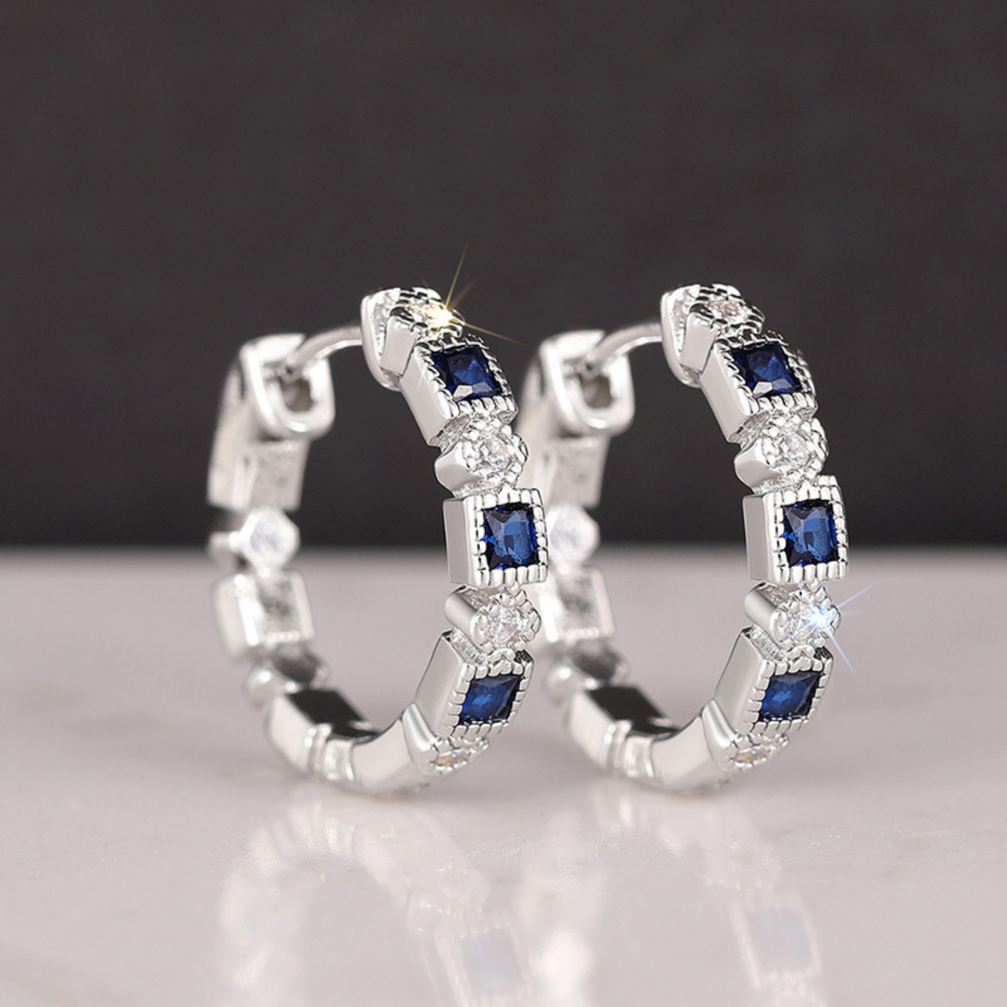 Geometric Blue Zircon Circle Earrings