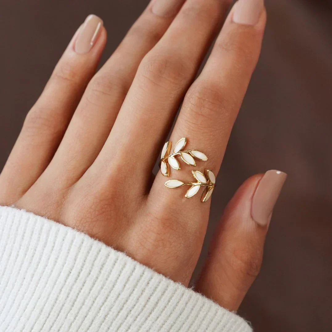 Pure - White Opal Leaf Adjustable Ring